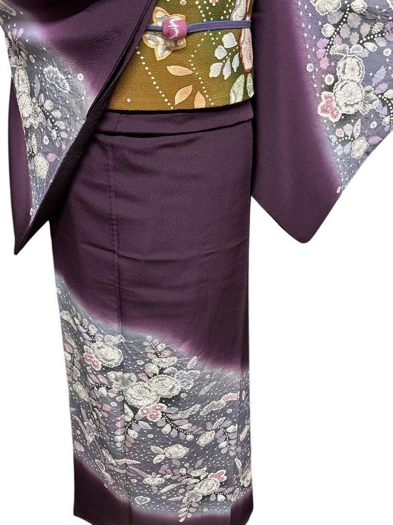 A35美品作家物落款 【華麗に花咲く辻ヶ花】訪問着　絞り　半衿付き正絹暈し茄子紫