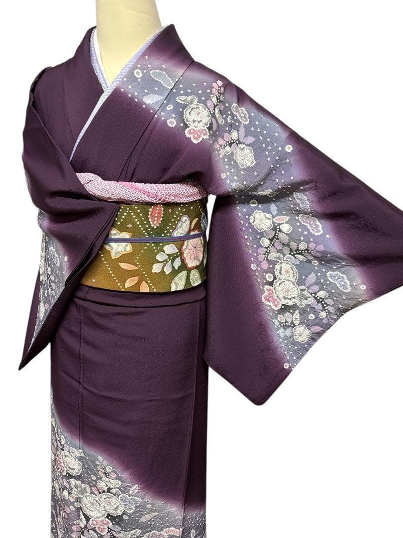 A35美品作家物落款 【華麗に花咲く辻ヶ花】訪問着　絞り　半衿付き正絹暈し茄子紫