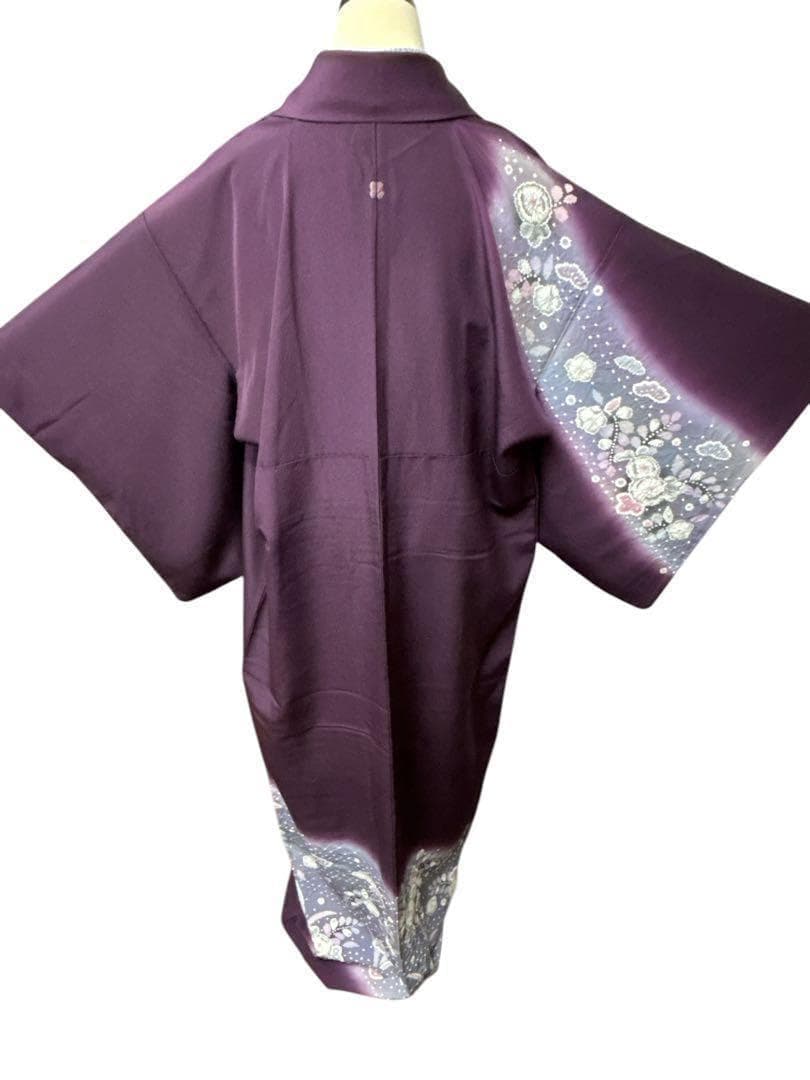 A35美品作家物落款 【華麗に花咲く辻ヶ花】訪問着　絞り　半衿付き正絹暈し茄子紫