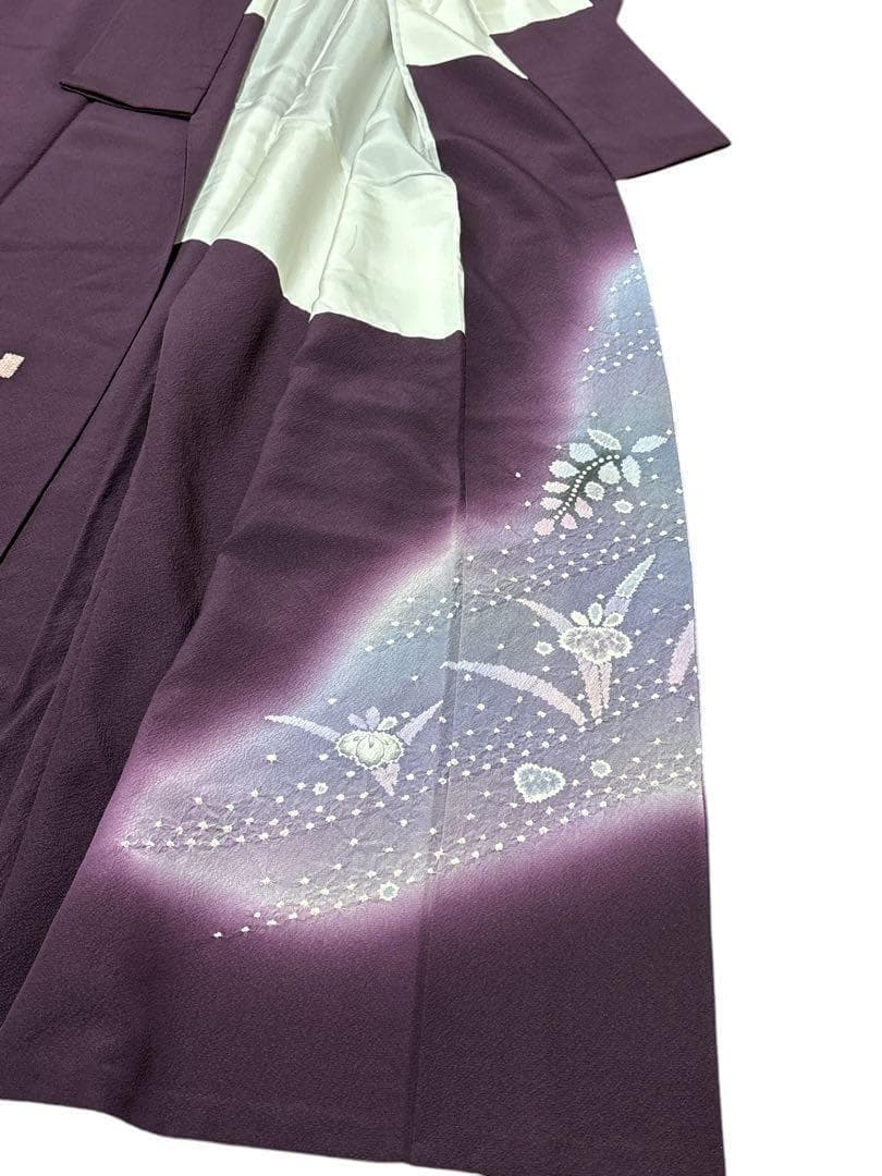 A35美品作家物落款 【華麗に花咲く辻ヶ花】訪問着　絞り　半衿付き正絹暈し茄子紫
