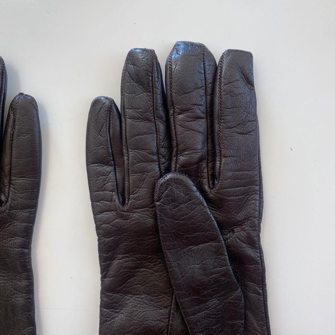 美品　フェラガモ　レザーグローブ　革手袋　ダークブラウン　シルク裏地　サイズ7
