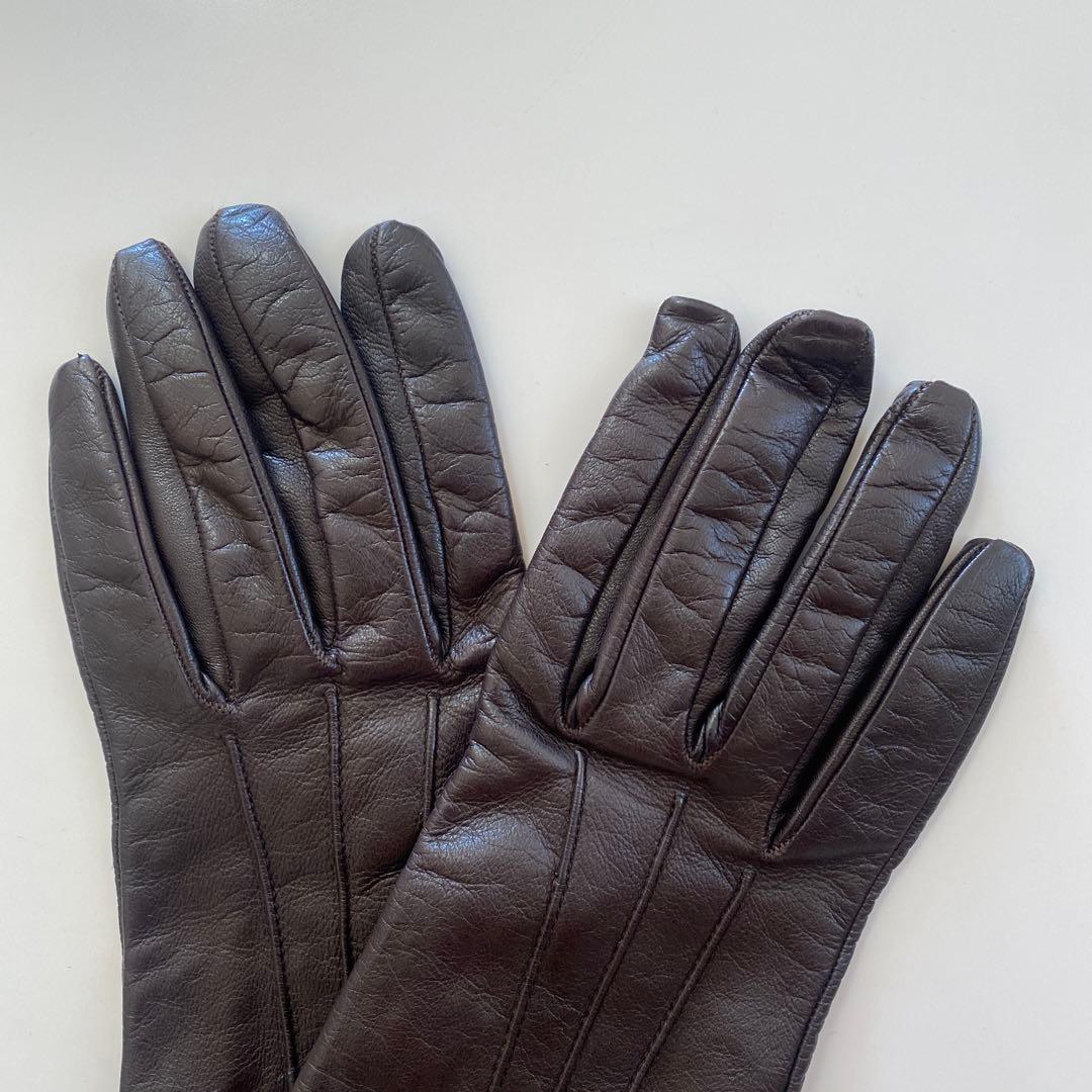 美品　フェラガモ　レザーグローブ　革手袋　ダークブラウン　シルク裏地　サイズ7