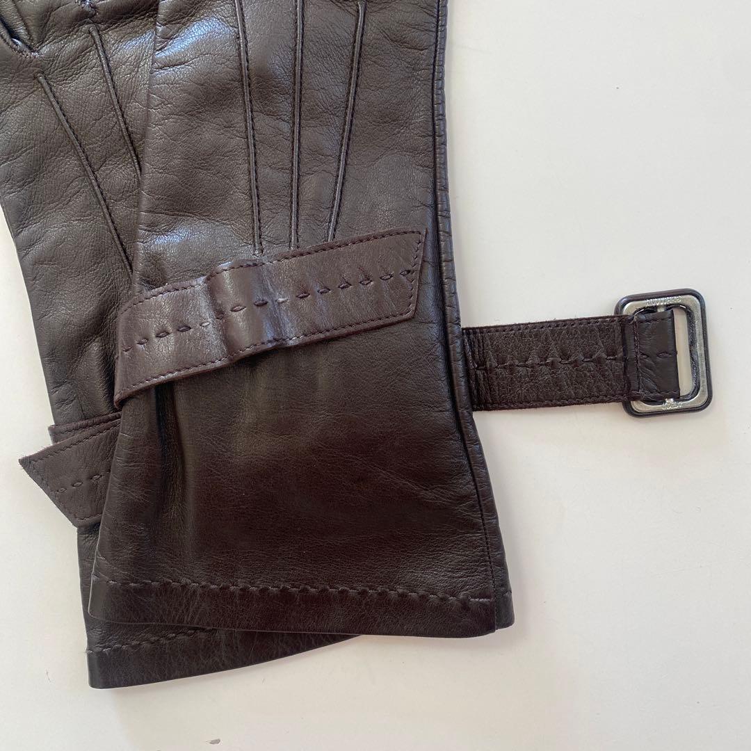 美品　フェラガモ　レザーグローブ　革手袋　ダークブラウン　シルク裏地　サイズ7