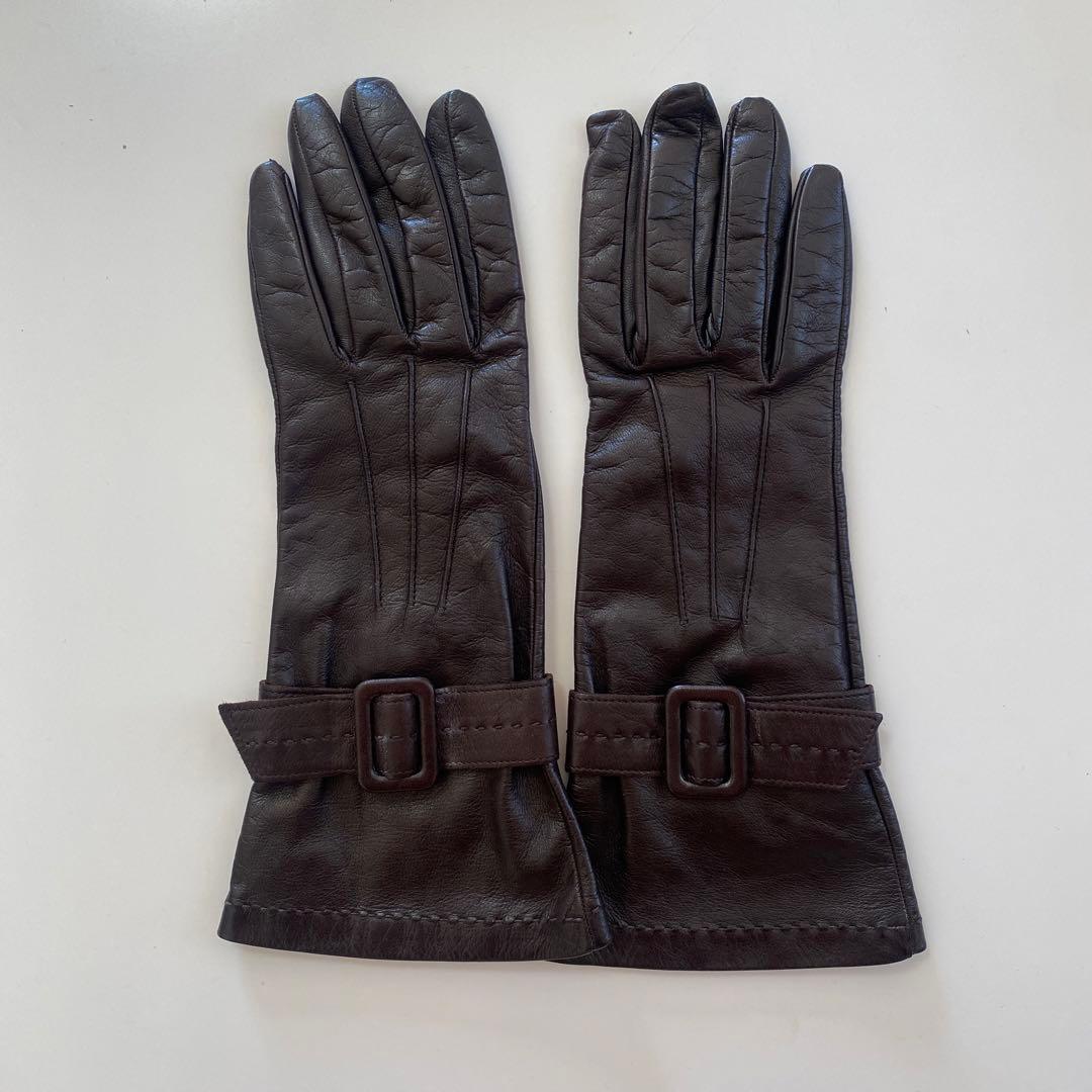 美品　フェラガモ　レザーグローブ　革手袋　ダークブラウン　シルク裏地　サイズ7