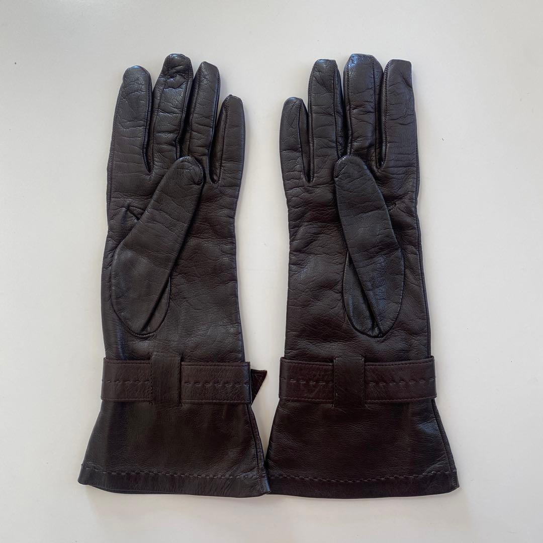 美品　フェラガモ　レザーグローブ　革手袋　ダークブラウン　シルク裏地　サイズ7