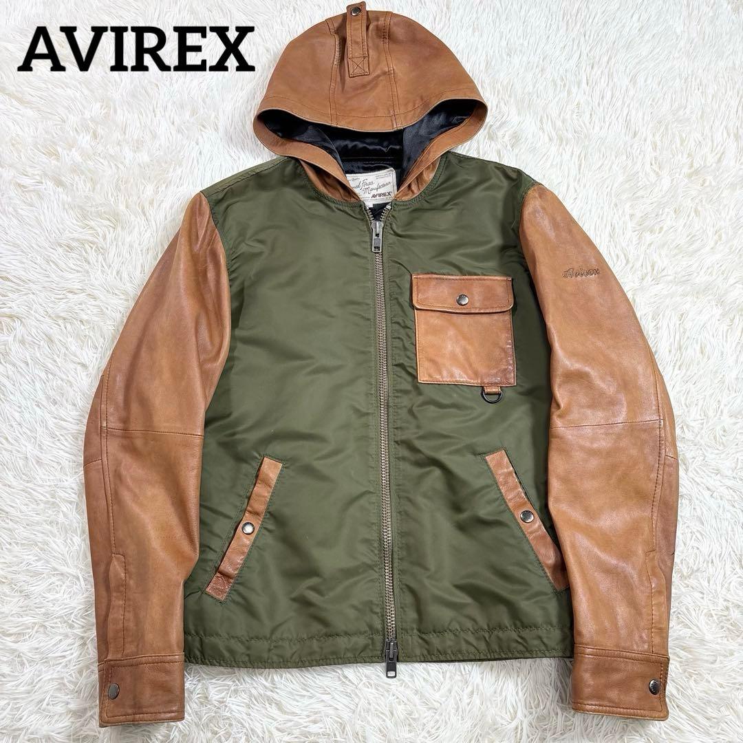 アビレックス レザー切替 フーディ MA-1 ジャケット XL 羊革 ミリタリー