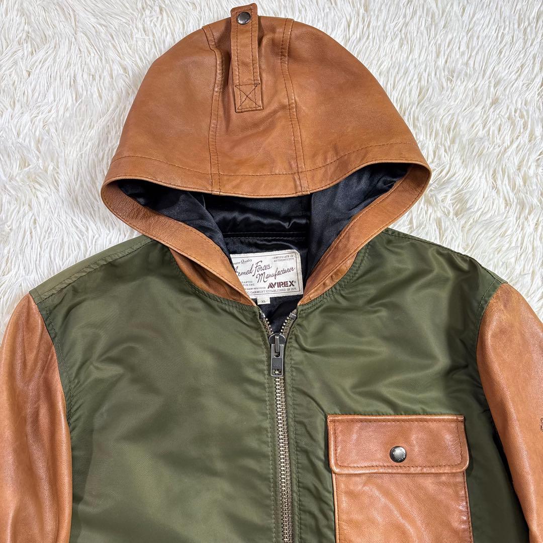 アビレックス レザー切替 フーディ MA-1 ジャケット XL 羊革 ミリタリー