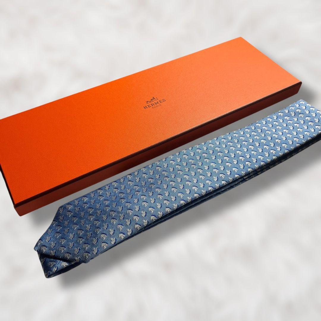 【新品✨】現行タグ付き エルメス 総柄 動物柄 馬柄 青白水色 ジャガード 箱有