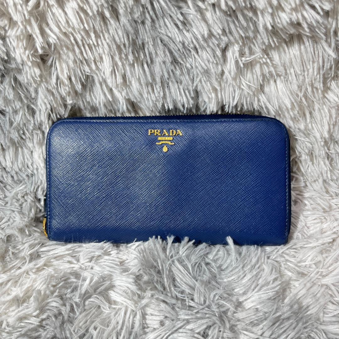 [大人気]　プラダ　サフィアーノ　長財布　レザー　ブルー　ラウンドファスナー