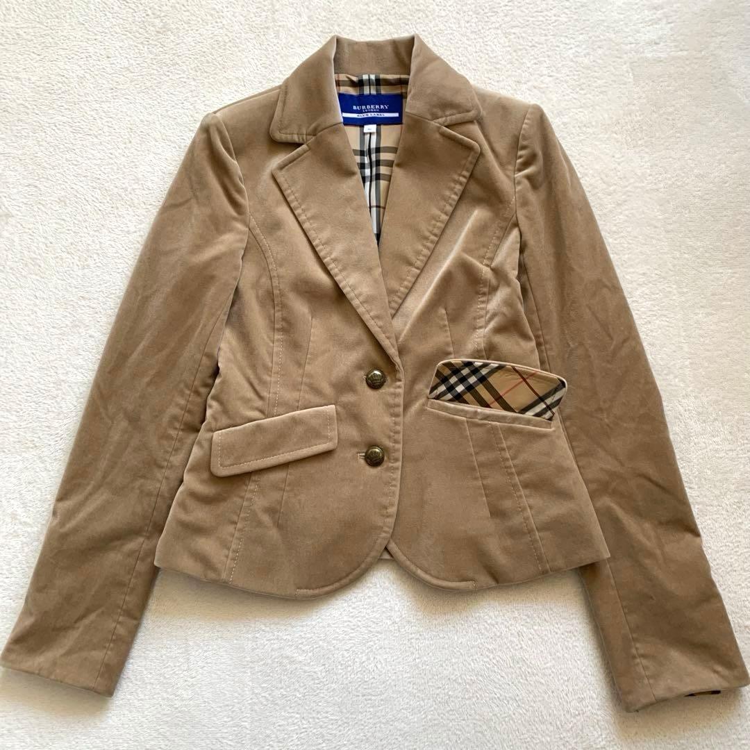 バーバリー　テーラードジャケット　ベロア　36 ベージュ　ノバチェック　シングル
