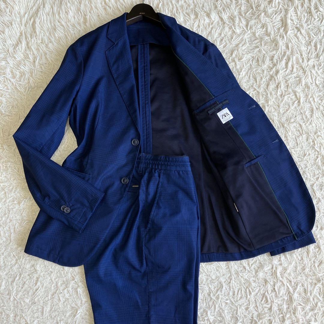 ◎人気デザイン ZARA ブルー系スーツ 軽量 チェック柄 ロゴプレートL 1