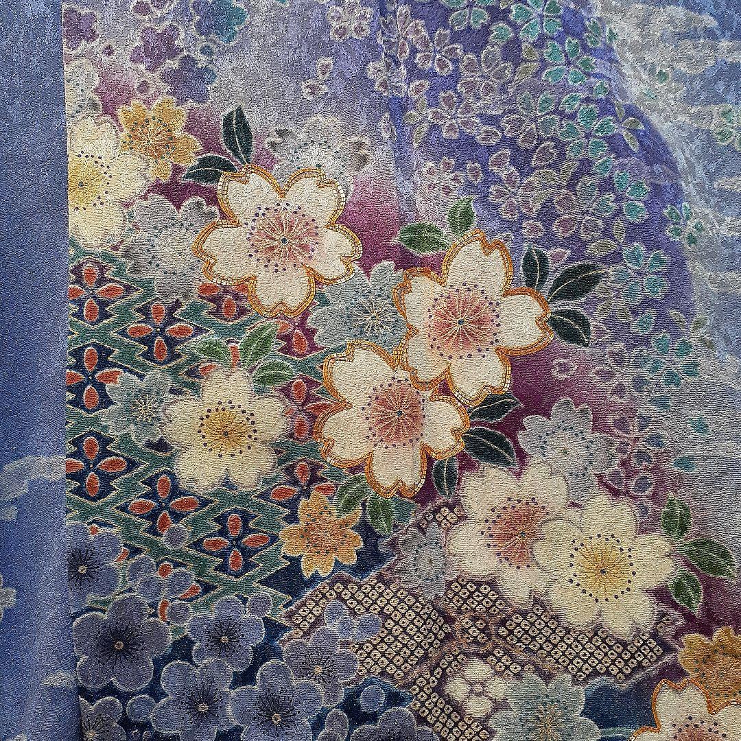 青色　花柄絹振り袖と小物セット　全部で１3点