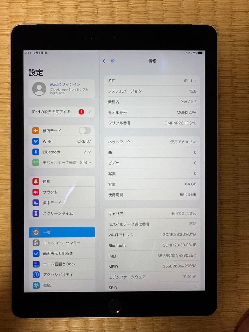 iPad本体 Apple iPad Air2 64GB (iPadOS 15.8.5)