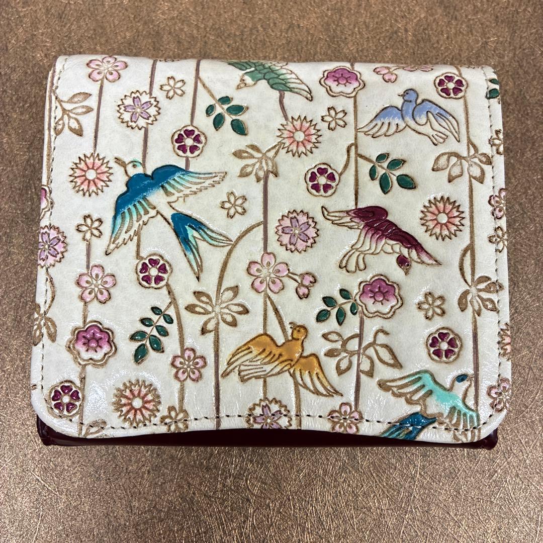 新品　文庫屋大関　枝垂れ花鳥　箱マチ小銭入れ付き折り財布