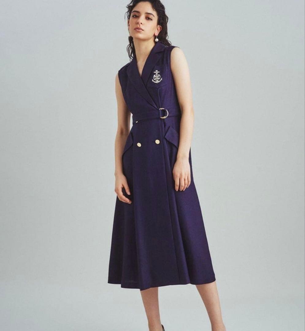 美品✨グレースクラス マリンジレドレス ノースリーブワンピース ロング 金ボタン