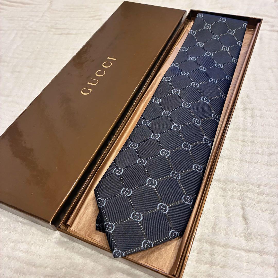 【未使用品】 箱付き GUCCI グッチ GG柄 ネクタイ ブラック シルク