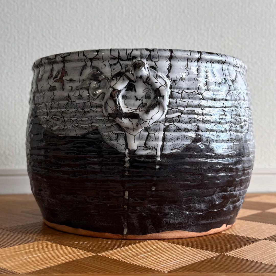 SNT1314 備前焼 裂紋 耳付火鉢 作家物 茶室の整理品 古道具 睡蓮鉢