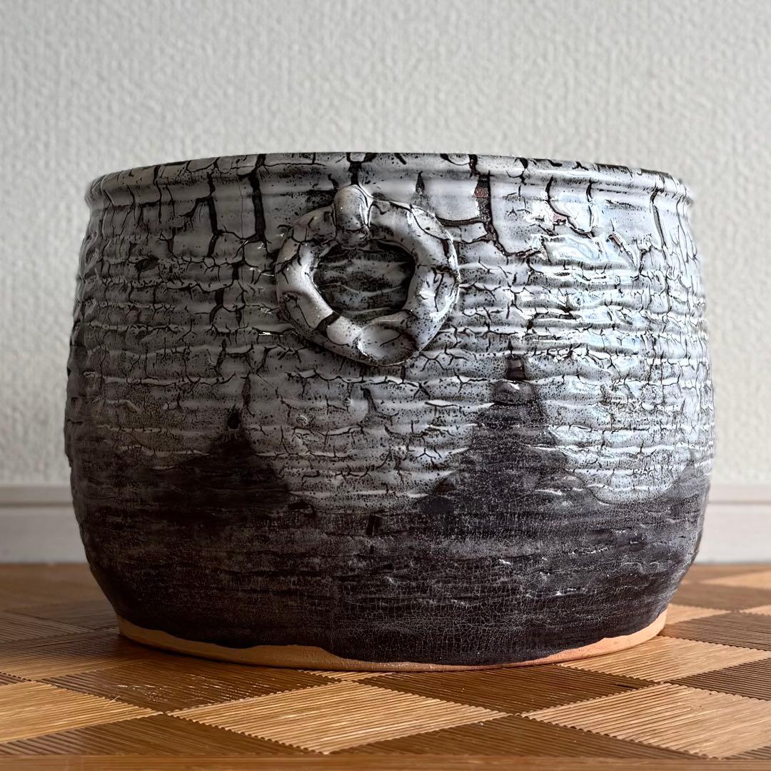 SNT1314 備前焼 裂紋 耳付火鉢 作家物 茶室の整理品 古道具 睡蓮鉢