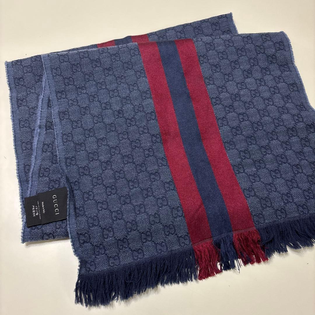 人気✨GUCCI グッチ GG柄 ネイビー レッド ストライプ マフラー
