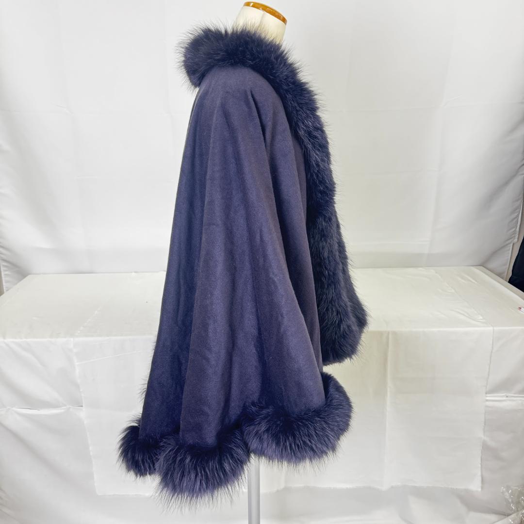 【M63-50-10】美品 カシミア 毛皮 フォックス ポンチョ パープル