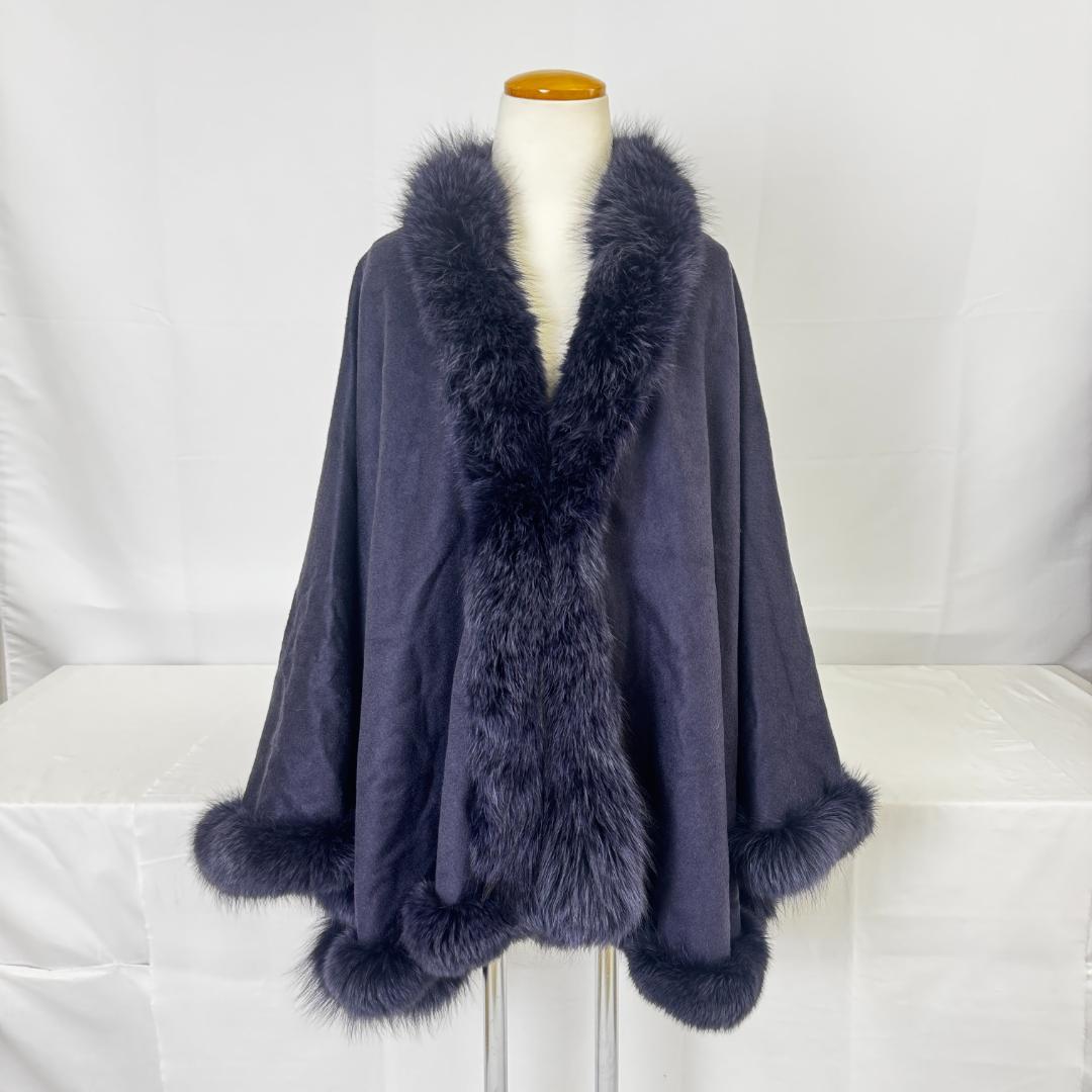 【M63-50-10】美品 カシミア 毛皮 フォックス ポンチョ パープル