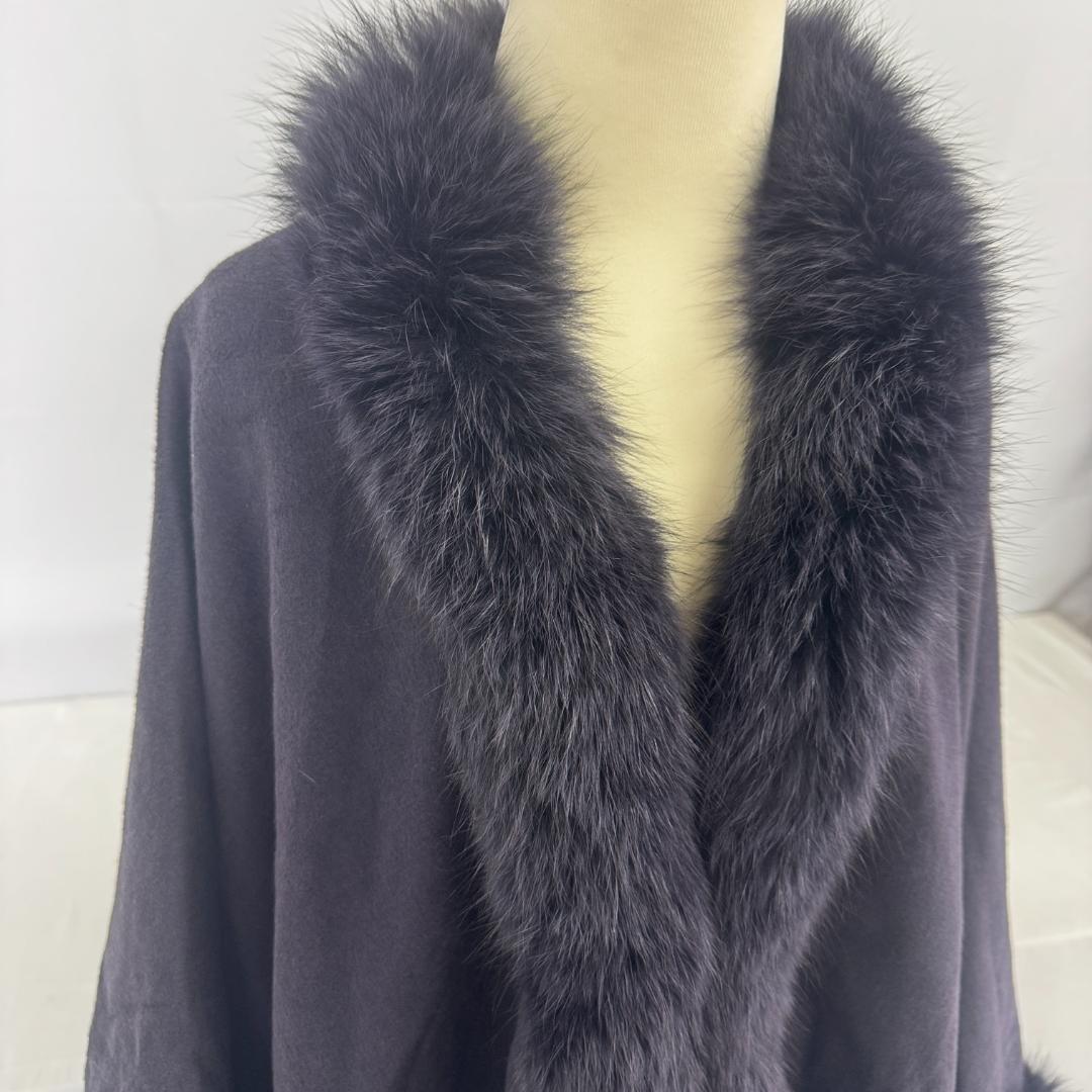 【M63-50-10】美品 カシミア 毛皮 フォックス ポンチョ パープル
