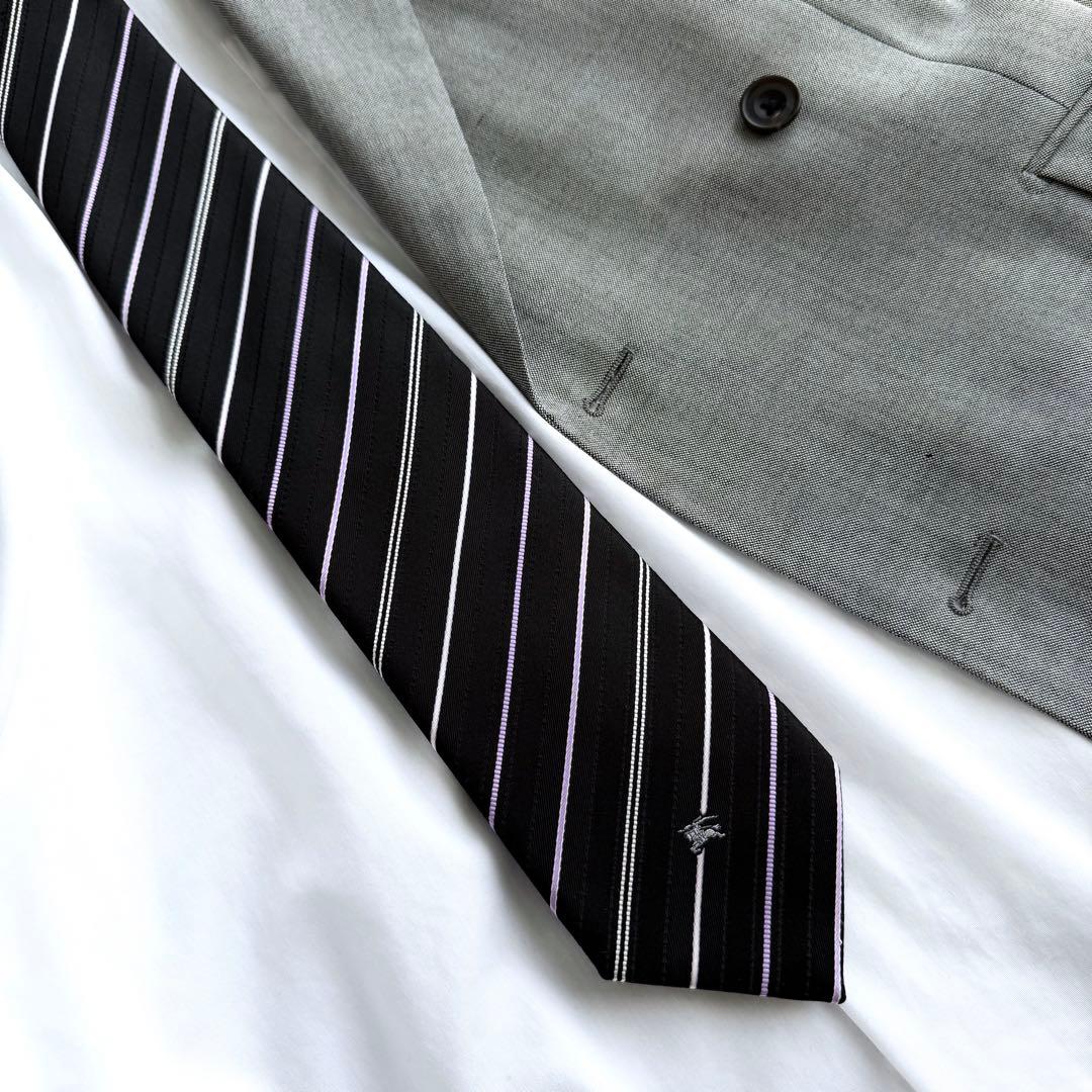 【美品】 バーバリーブラックレーベル ネクタイ ホースロゴ ブラック ストライプ