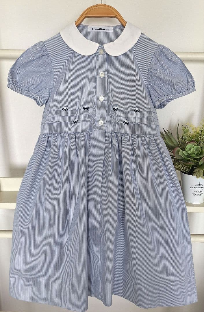 水色 半袖 お受験ワンピース 襟付き リボン刺繍(120)