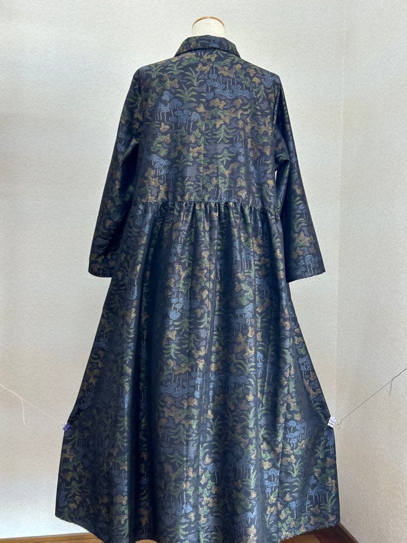 着物リメイク　大島紬ワンピース　前ボタン　 L〜 L Lサイズ