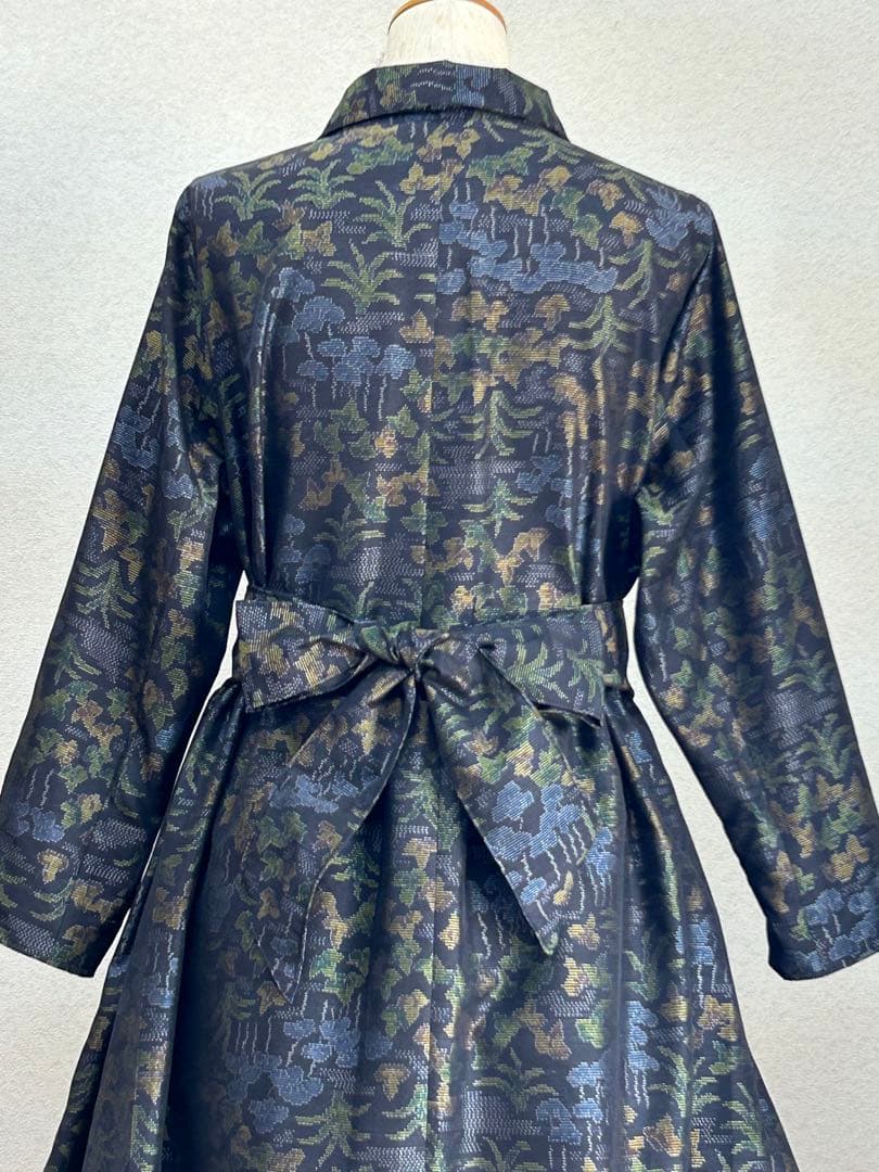 着物リメイク　大島紬ワンピース　前ボタン　 L〜 L Lサイズ