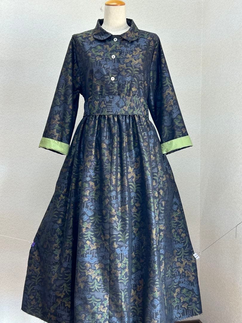 着物リメイク　大島紬ワンピース　前ボタン　 L〜 L Lサイズ