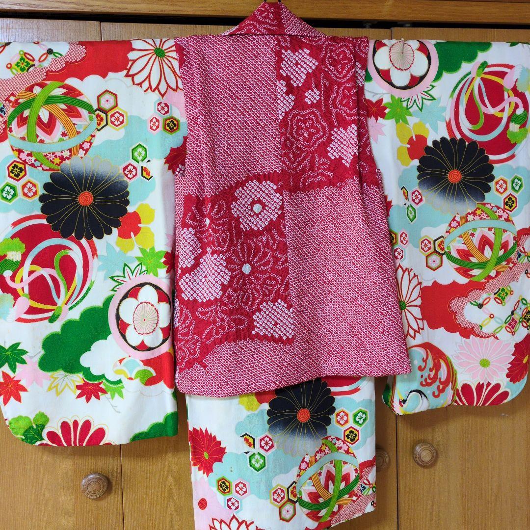 七五三３歳お着物と正絹総絞り手縫いの被布（袖無し長襦袢付き）