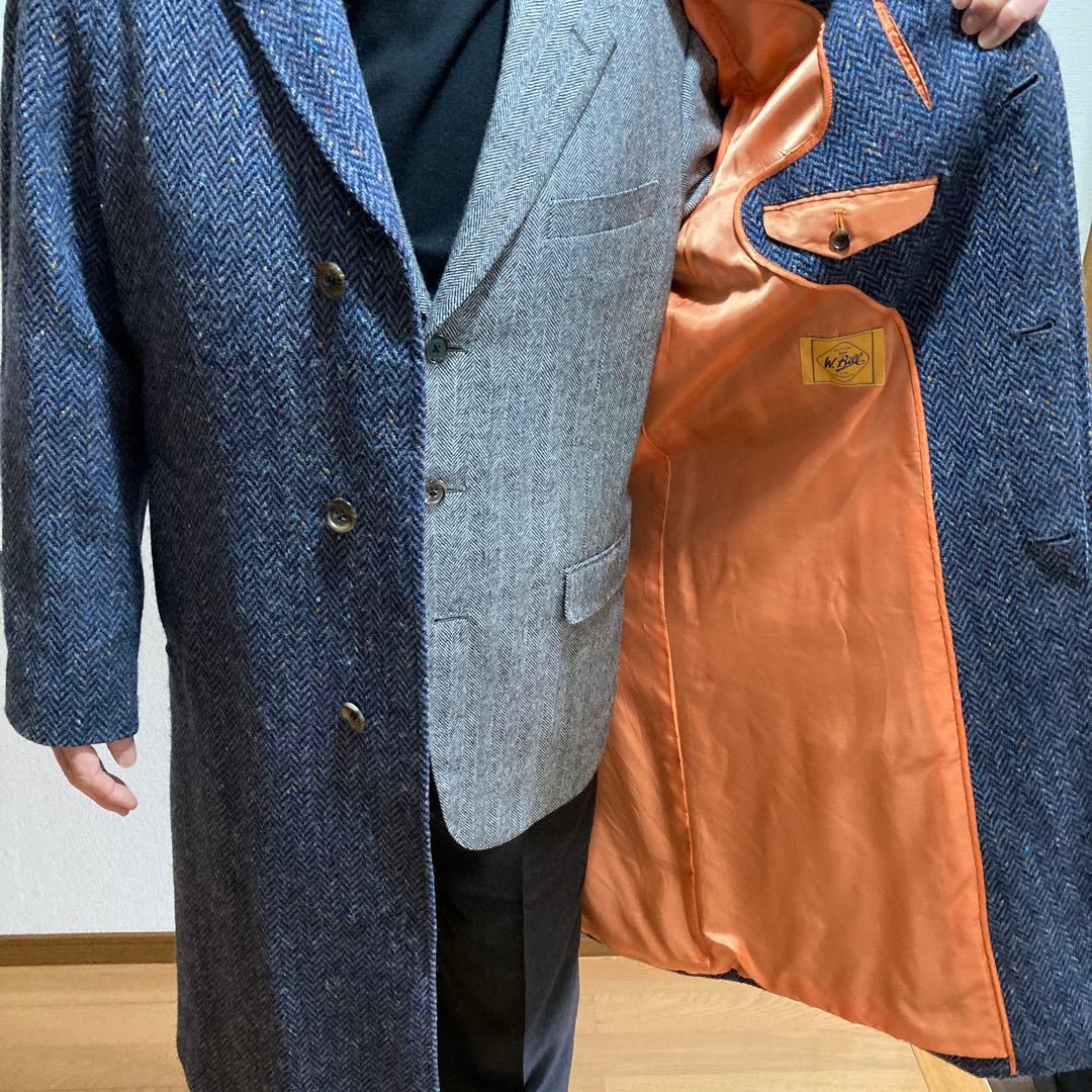 大幅値下げ‼️メンズコート　バルマーカン　ツイード　ロングコート　ブルー系