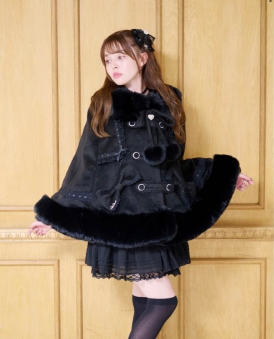 LIZ LISA シャギーツインリボンポンチョ ブラック