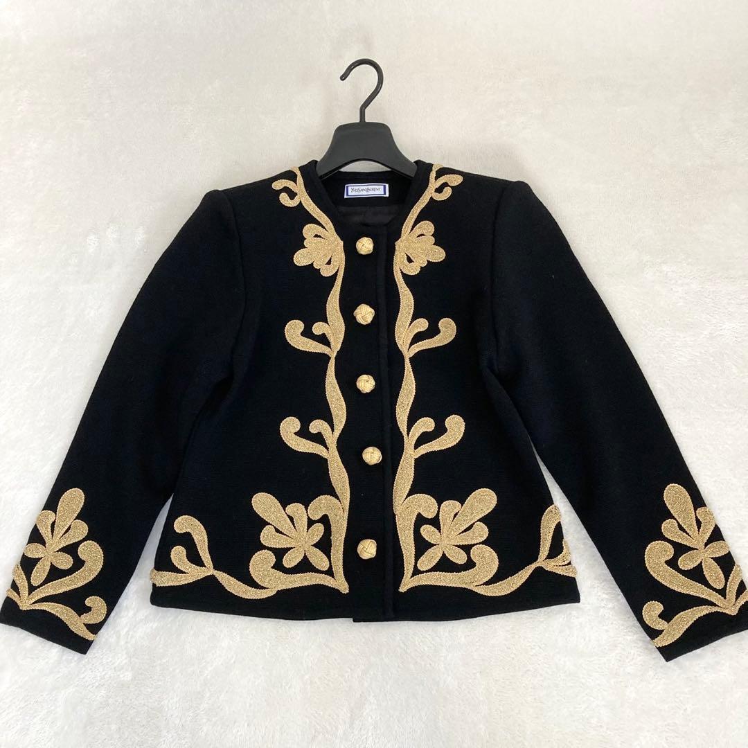 イヴサンローラン 金刺繍装飾 ナポレオン ノーカラージャケット M ブラック