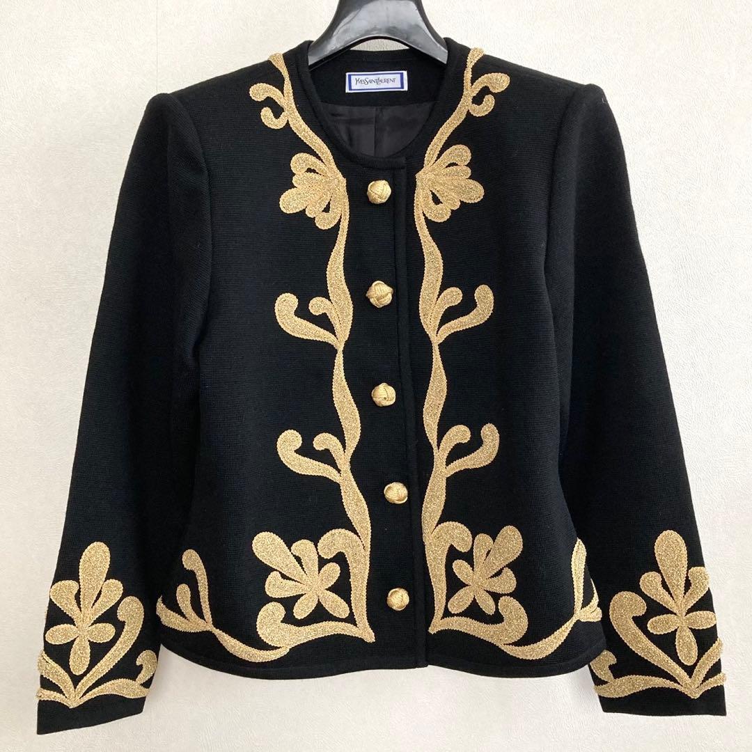 イヴサンローラン 金刺繍装飾 ナポレオン ノーカラージャケット M ブラック