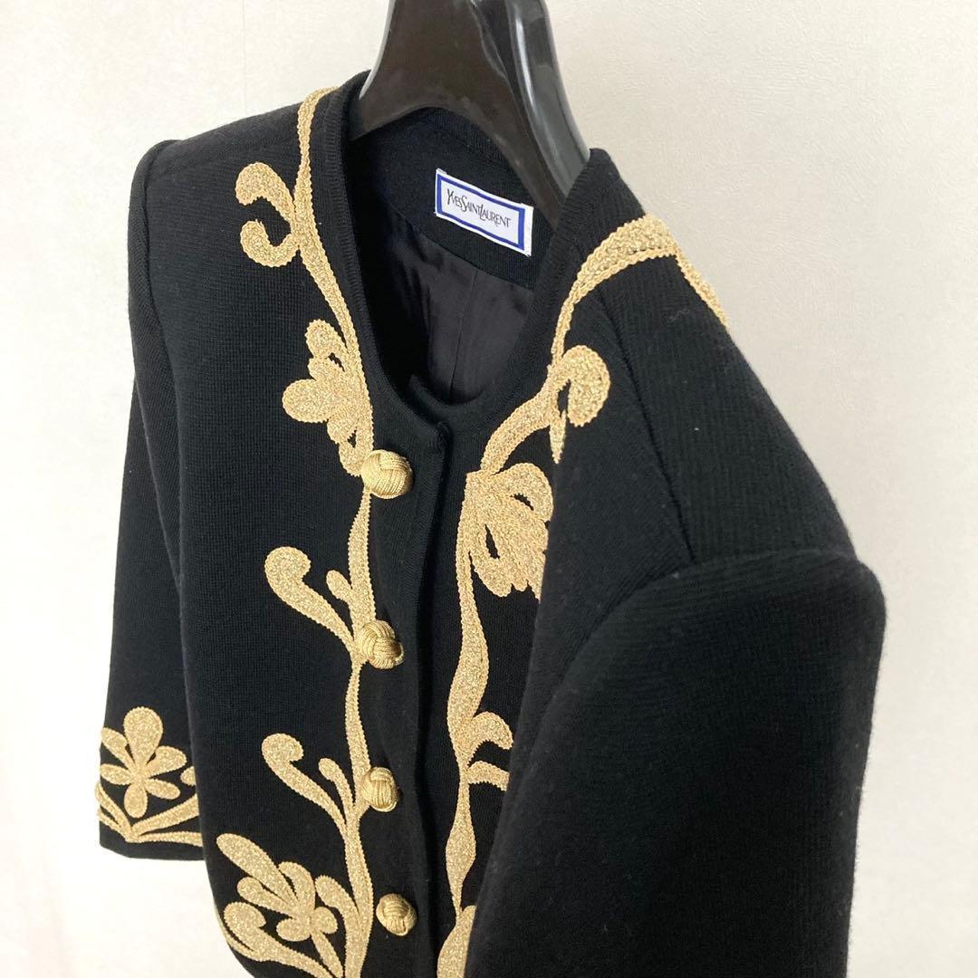 イヴサンローラン 金刺繍装飾 ナポレオン ノーカラージャケット M ブラック