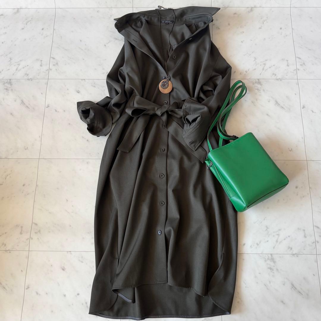 23区　シャツワンピース　ウール100 カーキ　ウエストリボン