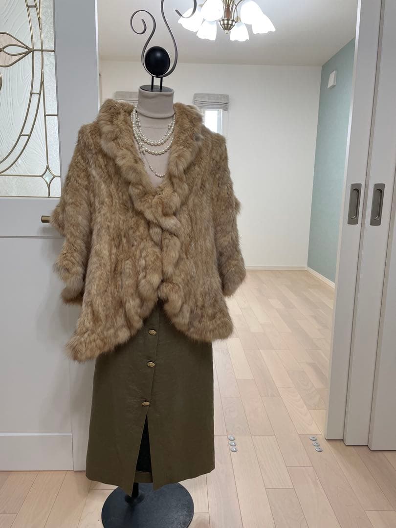 ゴールデンセーブル肉厚編み込みポンチョ ショート丈ケープ