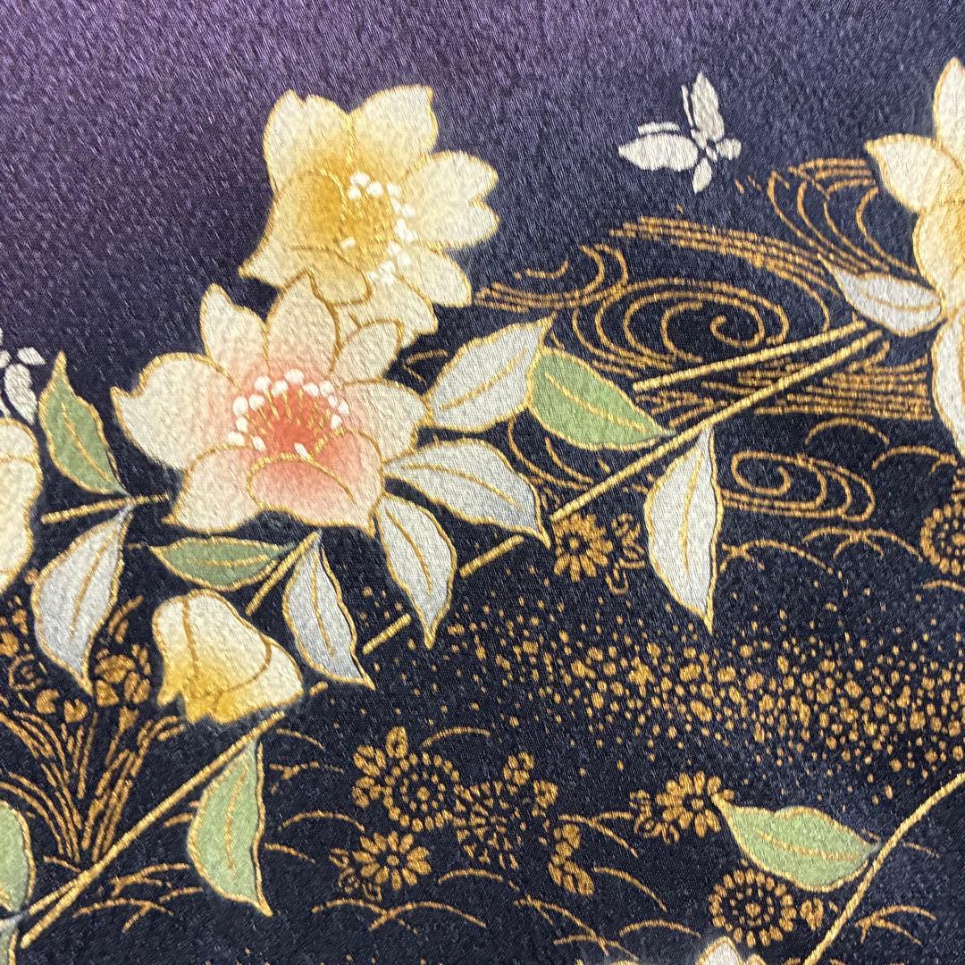 D88 訪問着 花模様 蝶々 流水 金彩 正絹 着物 袷 極美品