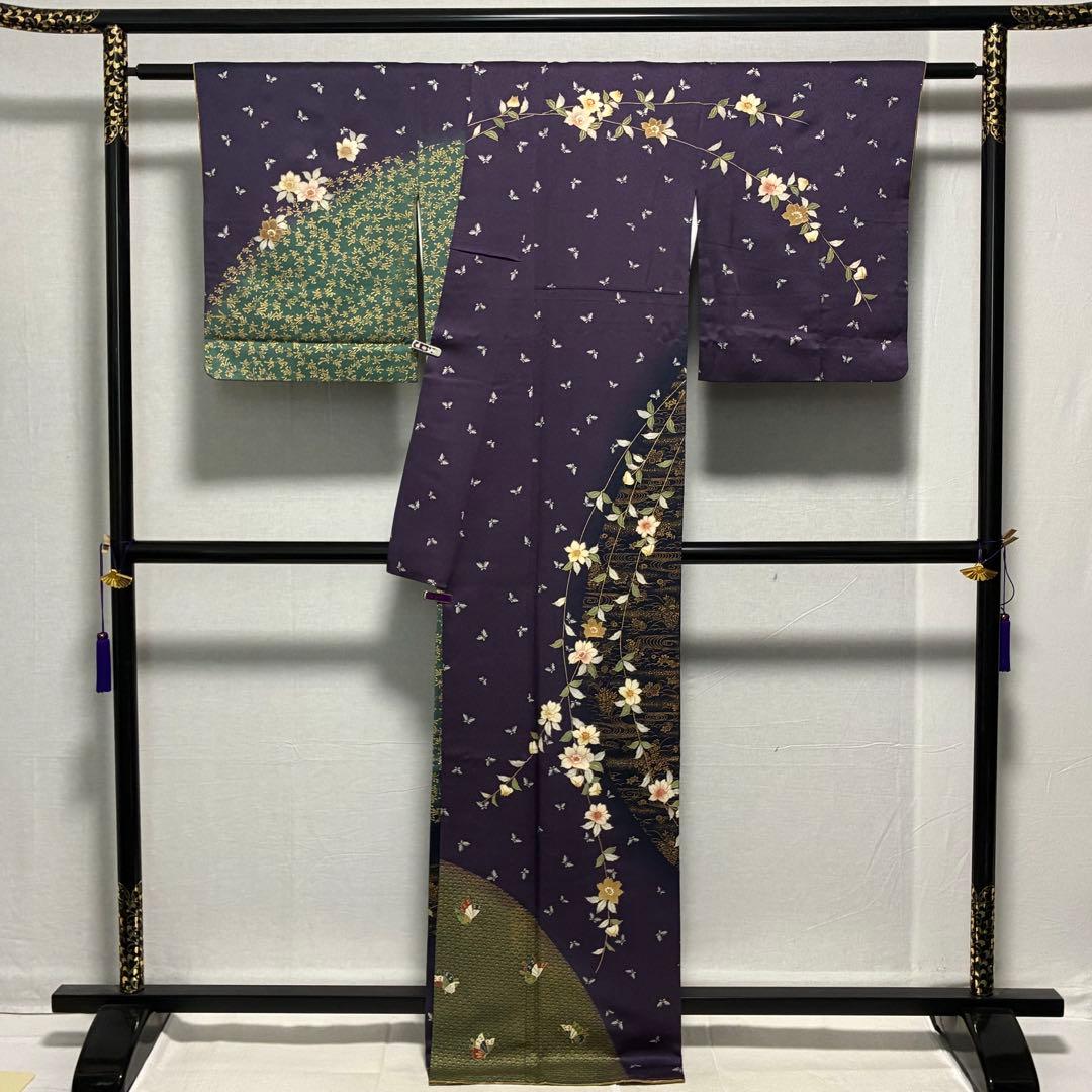 D88 訪問着 花模様 蝶々 流水 金彩 正絹 着物 袷 極美品