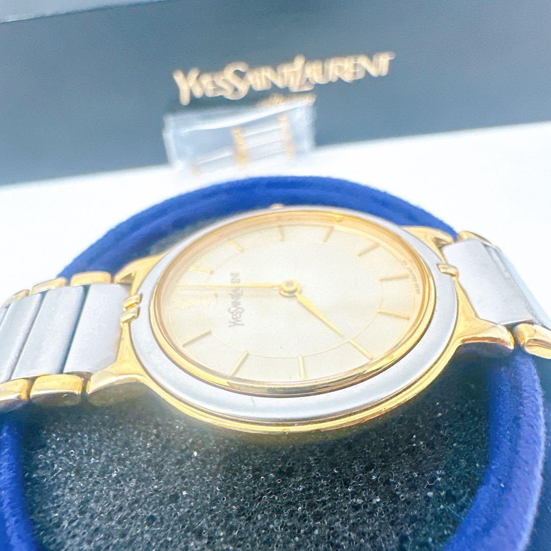 稼働 新品電池 イブサンローラン 腕時計 メンズ コンビ ゴールド文字盤 付属品