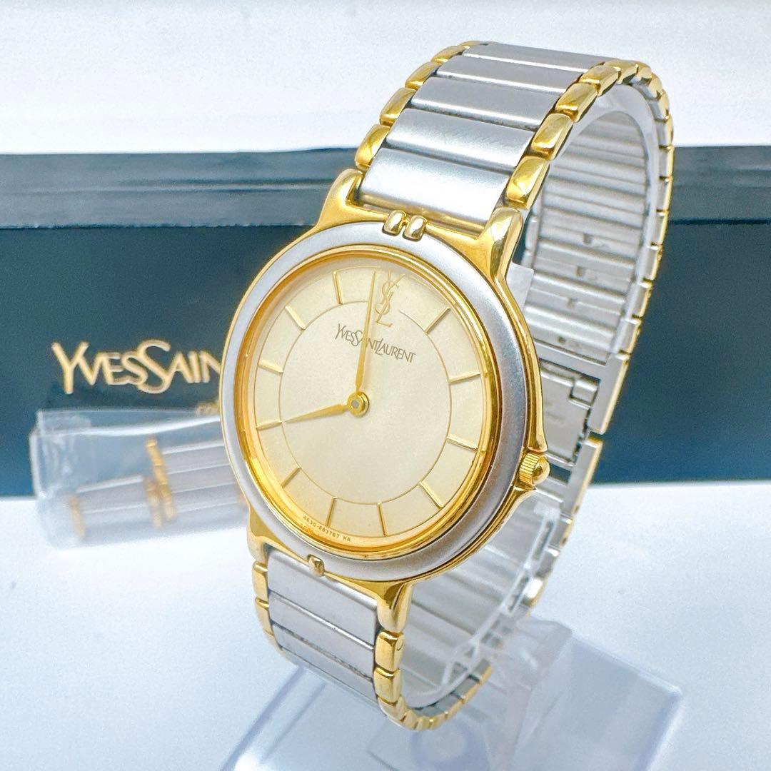稼働 新品電池 イブサンローラン 腕時計 メンズ コンビ ゴールド文字盤 付属品