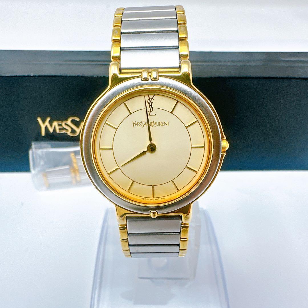 稼働 新品電池 イブサンローラン 腕時計 メンズ コンビ ゴールド文字盤 付属品