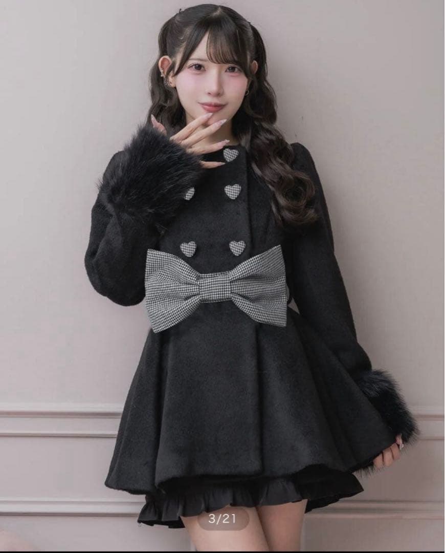 pium ピウム　ハートボタンリボンベルトシャギーコート　ブラックミックス