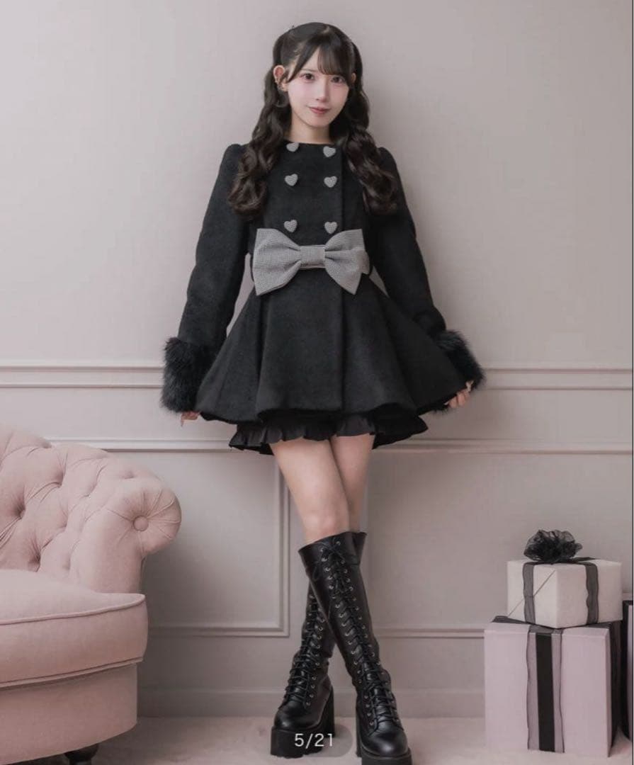 pium ピウム　ハートボタンリボンベルトシャギーコート　ブラックミックス