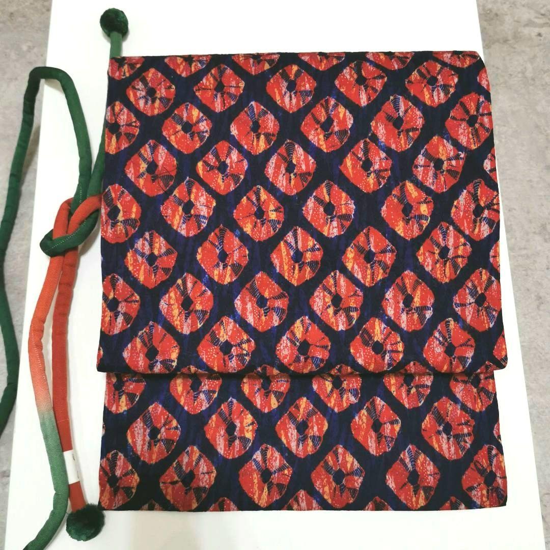 【ポンポンつき帯締めプレゼント】貴重な 手蜘蛛絞り 紬 九寸名古屋帯