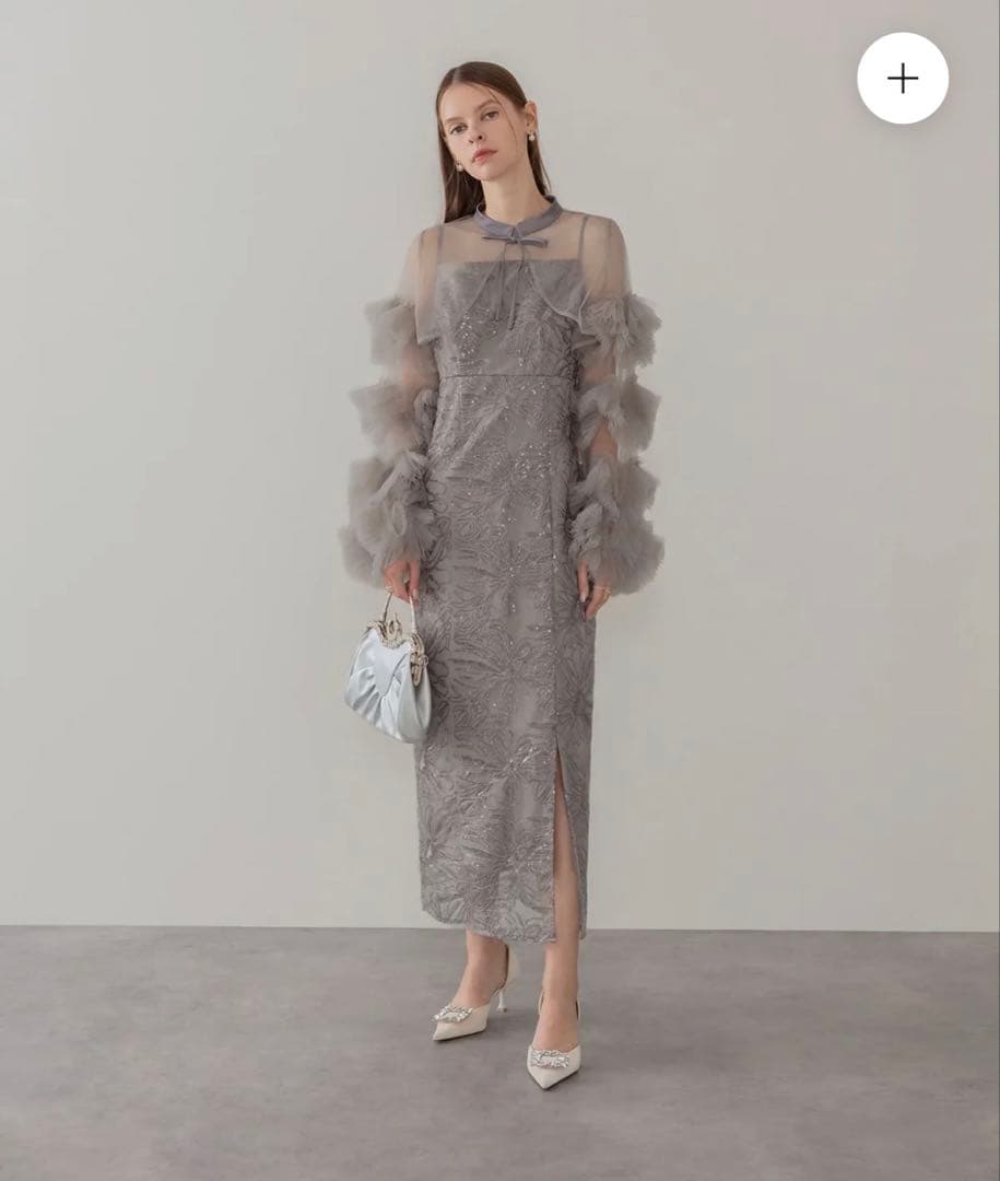 【Leja】フリルチュールスリーブリボン lラインワンピースドレス　新品