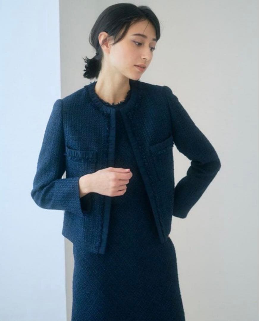 ANAYI ノーカラーツイードジャケット 38 ネイビー
