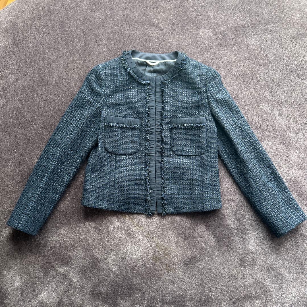 ANAYI ノーカラーツイードジャケット 38 ネイビー